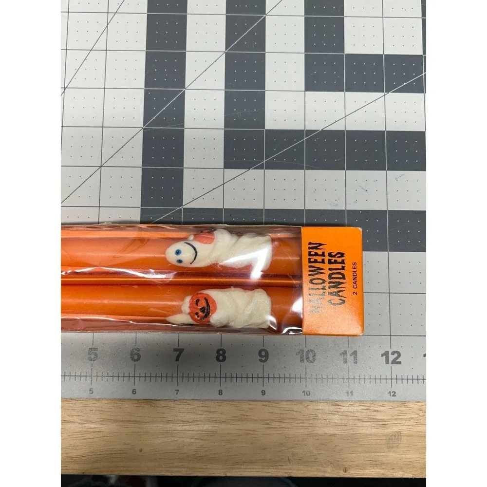 Vintage K-Mart 2-Pack Halloween Taper Candles Orange Ghost holding Pumpkin